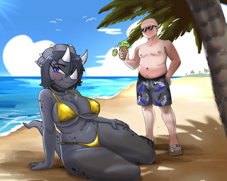 anthro areola beach big_breasts bikini biped blush breasts choker clothed clothed_anthro clothed_female clothing cloud day duo eyewear facial_horn feet female fingers food footwear frill_(anatomy) grey_body grey_hair hair horn humanoid_feet humanoid_hands ice_cream_cone jewelry looking_aside male markings medium_hair navel necklace nervous nervous_smile nipple_outline nipples non-mammal_breasts non-mammal_navel outside palm_tree plant plantigrade pose pubes purple_eyes sand sandals sea shadow shirtless_human shirtless_male shoes short_hair sitting skimpy spots spotted_markings standing sunglasses swimwear tail thick_thighs toes tree two-piece_swimsuit water yellow_bikini yellow_clothing yellow_swimwear purplekatsnek cavemanon_studios snoot_game fan_character vev_(purplekatsnek) ambient_bird ceratopsian ceratopsid chasmosaurine dinosaur human mammal marginocephalian ornithischian prehistoric_species reptile scalie triceratops 5:4 colored shaded