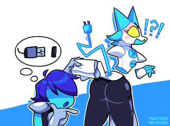 ambiguous_gender ambiguous_human angry butt clothed clothing clothing_lift duo electronics embarrassed female female_focus humor interrobang machine raised_clothing thought_bubble toony usb thatguynamedjoe deltarune undertale_(series) kris_dreemurr tasque_manager android felid human humanoid mammal robot 2021 adobe_photoshop_(artwork) digital_media_(artwork) hi_res signature