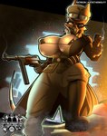 anthro big_breasts bikini bikini_under_clothing boots breasts brown_body brown_fur clothed clothing crazy_eyes dual_wielding explosion exposed_breasts female footwear fur gun handgun hat headgear headwear holding_gun holding_handgun holding_object holding_pistol holding_ranged_weapon holding_rifle holding_weapon hole_in_wall long_tail looking_at_viewer micro_bikini military_cap military_uniform neck_tuft nipple_outline open_clothing open_shirt open_topwear pistol ranged_weapon rifle shirt shoes solo standing swimwear tail topwear tuft two-piece_swimsuit uniform weapon katiethewolfy accipitriform avian bird hybrid lizard reptile scalie vulture hi_res watermark