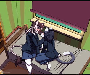 anthro bed biped bird's-eye_view black_bars black_hair blush clothed clothing college_dorm dipstick_tail dreadlocks duo dutch_angle eyes_closed female female/female fully_clothed furniture hair high-angle_view inside interspecies kissing markings multicolored_hair multicolored_tail on_bed school_uniform sitting tail tail_markings two_tone_hair uniform masterzoroark666 domestic_cat equid equine felid feline felis mammal zebra absurd_res digital_media_(artwork) hi_res letterbox