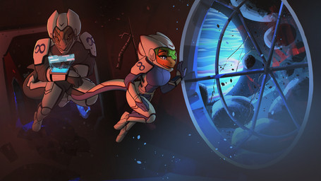 anthro asteroid brown_body brown_skin duo female gas_giant green_hair hair male orange_body orange_skin planet purple_eyes red_eyes space spacecraft spaceship_interior spacesuit vehicle window feretta mythology dragon mythological_creature mythological_scalie scalie hi_res