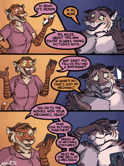 anthro barbell_piercing clothed clothed_anthro clothed_female clothing dialogue duo ear_piercing electronics eyebrow_piercing facepalm facial_piercing female fully_clothed fully_clothed_anthro fully_clothed_female fur male male_anthro mature_female nipples open_mouth open_smile orange_body orange_fur phone phone_call piercing smile striped_body striped_fur stripes text topless topless_anthro topless_male yellow_eyes nanoff miles_(nanoff) felid mammal pantherine tiger 2026 3:4 comic english_text hi_res multiple_scenes mother_(lore) mother_and_child_(lore) mother_and_son_(lore) parent_(lore) parent_and_child_(lore) parent_and_son_(lore) son_(lore)