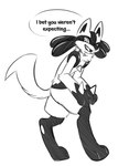 2024 ambiguous_gender anthro bottomwear canid canine character_quote clothing disney english_text fizzy-dog generation_4_pokemon hi_res looking_at_viewer lucario mammal monochrome nintendo pants pokemon pokemon_(species) simple_background solo standing text the_emperor's_new_groove white_background