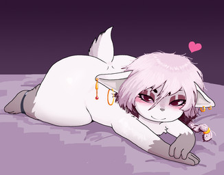 ambiguous_gender anthro big_butt blush braided_hair brown_hair butt chest_tuft clothing ear_piercing ear_ring eyeshadow fur gloves_(marking) gold_(metal) gold_band gold_jewelry hair heart_symbol jewelry leg_markings legband legband_only legwear looking_at_viewer lying makeup markings multicolored_hair on_front piercing pink_hair pointy_ears red_eyes red_eyeshadow red_jewel ring_piercing smile socks_(marking) solo tuft two_tone_hair white_body white_fur wide_hips commonbleat ambiguous_species hi_res