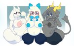 accessory anthro antlers areola bell belly big_areola big_belly big_breasts big_butt big_ears big_nipples black_areola black_clothing black_legwear black_thigh_highs blue_areola blue_clothing blue_eyes blue_legwear blue_thigh_highs both_pregnant breasts butt closed_frown clothed clothing curvy_figure eyebrows eyewear female female_anthro flesh_fang floppy_ears frown frowning_at_viewer fur glasses gradient_background grey_body grey_fur group group_pregnancy hair hair_accessory hair_ring hands_on_own_belly horn huge_areola huge_nipples inflation jingle_bell kneeling legwear looking_at_viewer lop_ears mature_anthro mature_female mouth_closed multiple_pregnancies navel neck_tuft nipples pink_areola pregnant pregnant_anthro pregnant_female purple_eyes round_glasses seiza simple_background sitting slight_smile smile smiling_at_viewer symbol tail tail_tuft thick_eyebrows thick_thighs thigh_highs trio tuft white_body white_fur alyaska2201 atlyss pseudoregalia undertale undertale_(series) angela_flux sybil_(pseudoregalia) toriel boss_monster_(undertale) bovid caprine goat jackalope kubold_(atlyss) lagomorph leporid mammal rabbit 2024 digital_media_(artwork) english_description full-length_portrait hi_res portrait signature