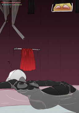 ambiguous_gender anthro bathing being_watched black_body blush breasts casual_nudity clothed clothing crossed_legs discarded_clothing duo female head_back inside looking_at_another lying nipples non-mammal_breasts nude nude_anthro nude_female on_back partially_clothed relaxing resting sitting small_breasts solo_focus text towel towel_on_face towel_on_head under_boob voyeur water scalesindark hollow_knight:_silksong hollow_knight_(franchise) team_cherry hornet_(hollow_knight) kratt_(hollow_knight:_silksong) arthropod insect digital_media_(artwork) english_text hi_res url