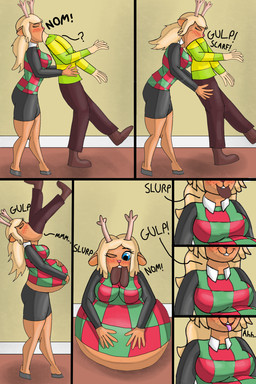 anthro anthro_pred antlers belly belly_expansion big_belly blush clothed_pred clothed_prey clothing comic_pane expansion female female_pred freckles green_clothing green_sweater green_topwear group hand_on_another hand_on_belly hand_on_own_belly head_first hooves horn human_prey male male_prey moan muffled muffled_moaning neck_bulge onomatopoeia pattern_clothing pattern_sweater pattern_topwear same_size_vore sigh slurping sound_effects striped_clothing striped_sweater striped_topwear stripes swallowing swallowing_sound_effect sweater text tongue tongue_out topwear trio unwilling_prey vore willing_pred siredwardthe3rd deltarune toby_fox_(copyright) undertale_(series) kris_dreemurr noelle_holiday bovid caprine deer goat human mammal monster new_world_deer reindeer 2:3 absurd_res comic digital_media_(artwork) hi_res sequence