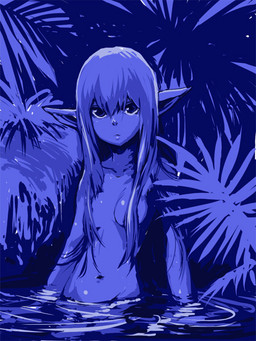 breasts convenient_censorship female female_humanoid fern front_view hair hair_covering_breasts leaf long_hair looking_at_viewer navel partially_submerged pointy_ears pose solo water water_ripple hirokazu fairy humanoid 2008 3:4 cool_colors pinup restricted_palette