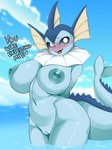 absurd_res anthro anthrofied areola ashraely big_breasts blue_areola blue_body blue_nipples blush bodily_fluids breasts curvy_figure digital_media_(artwork) eeveelution female female_anthro generation_1_pokemon genitals hi_res huge_breasts innie_pussy lol_comments looking_at_viewer mammal nintendo nipples nude nude_female open_mouth outdoor_nudity outside pokemon pokemon_(species) pokemorph pussy simple_background skinny_dipping smile solo tail text thick_thighs tongue vaporeon voluptuous water wide_hips