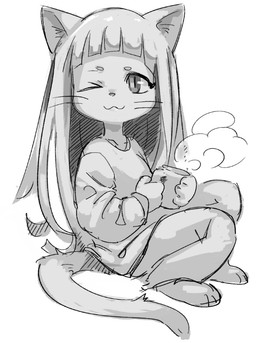 ;3 anthro beverage bottomwear cat_smile circle_eyebrows closed_smile clothed clothing container cup eyebrows female fur hair holding_beverage holding_object hot_beverage long_hair long_sleeve_shirt mouth_closed mug one_eye_closed pants simple_background sitting smile solo steam tail whiskers white_background kirichiiii domestic_cat felid feline felis mammal 2022 greyscale icon monochrome sketch