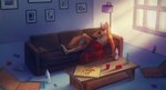 anthro beverage black_nose bottle container fur hair inside lamp light light_beam lying male mouth_closed nude on_back orange_body orange_fur pink_eyes pink_hair pizza_box red_blanket solo sunbeam sunlight tan_body tan_fur window mylafox canid canine canis mammal red_wolf wolf 2019 dated signature