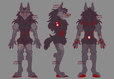 animal_genitalia anthro athletic athletic_intersex athletic_maleherm black_body black_fur claws fully_sheathed fur genitals grey_body grey_fur grey_markings humanoid_hands intersex leg_scar maleherm markings muscular nipples pawpads penis red_markings red_nipples red_pawpads sackless scar self-harm_scars sheath simple_background solo striped_body striped_fur striped_markings stripes text thigh_scar triangle_nose vulva rhapsody_tenrai rhapsody_tenrai_(character) canid canine canis mammal wolf 2025 absurd_res aliasing binary_drawing digital_drawing_(artwork) digital_media_(artwork) english_text handwritten_text hi_res model_sheet signature