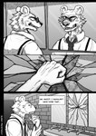 angry anthro broken_mirror dialogue eyewear glasses male mirror reflection solo text wounded sunny_frostwolf third-party_edit beastars fan_character trevor_(greatlizardwizard) bear brown_bear mammal ursine absurd_res english_text hi_res monochrome