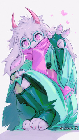 5_fingers anthro arm_support armwear claws clothing crouching elbow_gloves eyewear fingerless_gloves fingerpads fingers floppy_ears footwear fur gesture glasses gloves green_clothing green_robe hand_gesture handwear heart_symbol horn looking_at_viewer magenta_eyes magenta_scarf male pawpads pink_eyes pink_scarf purple_eyes purple_scarf robe scarf shadow simple_background smile solo text toeless_footwear twitter_handle white_background white_body white_fur bunsidhe deltarune undertale_(series) ralsei bovid caprine goat mammal 2025 9:16 artist_name digital_media_(artwork) full-length_portrait hi_res portrait shaded
