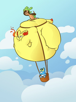 belly big_belly blue_body blue_sky feral group huge_belly inflation outside sky spherical_inflation trio yellow_body boot_(artist) nintendo pokemon chespin fennekin froakie generation_6_pokemon pokemon_(species) 2013 hi_res