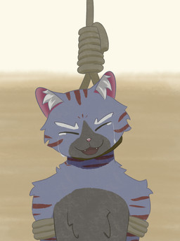 arms_tied bdsm bodily_fluids bondage bound crying eyebrows eyes_closed fur grey_body grey_fur hanged imminent_death inner_ear_fluff male multicolored_body multicolored_fur noose open_mouth pink_ears pink_nose purple_body purple_fur red_stripes restraints rope rope_bondage simple_background solo stripes tears tears_of_joy teeth tuft white_eyebrows chuchochi chuchochi_(character) domestic_cat felid feline felis mammal absurd_res hi_res