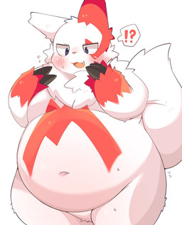 2_fingers ambiguous_gender anthro belly big_belly black_eyes blush bodily_fluids cheek_tuft claws cute_fangs emanata eyebrows eyelashes facial_tuft fangs featureless_crotch fingers fur interrobang looking_down multicolored_body multicolored_fur navel neck_tuft nude open_mouth pink_nose red_body red_fur simple_background solo speech_bubble sweat teeth tongue tuft two_tone_body two_tone_fur white_background white_body white_fur rokacake nintendo pokemon generation_3_pokemon pokemon_(species) zangoose 2023 hi_res shaded unavailable_at_source