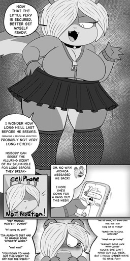 anthro big_breasts blush bottomwear breasts cellphone choker clothing electronics female fishnet_clothing fishnet_legwear fishnet_stockings jacket jewelry legwear miniskirt necklace phone skirt solo stockings text texting thick_thighs topwear stillelk62 penelope_(stillelk62) mammal mephitid skunk 1:2 absurd_res comic english_text greyscale hi_res monochrome