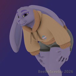 anthro bottomwear breasts clothing female fur hoodie leaning_over lgbt_pride pride_colors pride_pin purple_body purple_fur shorts small_breasts smile smiling_at_another standing topwear transgender_pride_colors beebosceebo conditional_dnp beebo_(beebosceebo) lagomorph leporid mammal rabbit 1:1 3d_(artwork) digital_media_(artwork) hi_res nonbinary_(lore) trans_(lore) trans_woman_(lore)