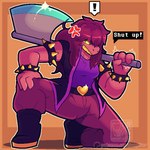 anthro axe biped clothed clothing female hair holding_object holding_weapon looking_at_viewer melee_weapon purple_body simple_background solo teeth text topwear weapon nagifur deltarune undertale_(series) susie_(deltarune) mammal monster reptile scalie 1:1 digital_media_(artwork) english_text pixel_(artwork)