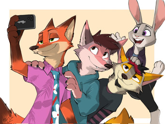 accessory anthro bottomwear cellphone clothed clothing electronics fangs female fur grey_body grey_fur group half-closed_eyes holding_cellphone holding_object holding_phone holding_smartphone hoodie male narrowed_eyes necktie open_mouth orange_body pants phone shirt simple_background smartphone smile taking_picture taking_selfie teeth topwear foxink disney zootopia judy_hopps nick_wilde canid canine canis fox lagomorph leporid mammal rabbit red_fox true_fox digital_media_(artwork) hi_res