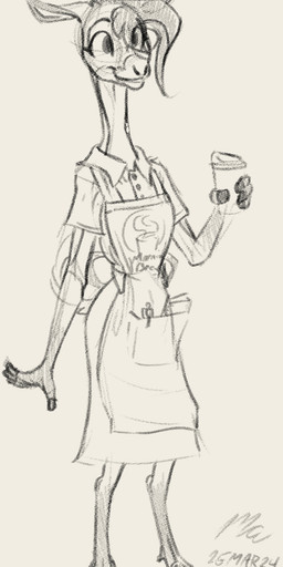 anthro barista clothed clothing cloven_hooves female hooves humanoid_hands solo standing unguligrade magnificent-arsehole antelope bovid mammal 2024 dated digital_drawing_(artwork) digital_media_(artwork) full-length_portrait greyscale hi_res monochrome portrait sketch