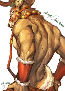 anthro eshan fur holidays male muscular muscular_anthro muscular_male rear_view scar simple_background solo tail twitter_handle white_background christmas deer mammal new_world_deer reindeer absurd_res colored hi_res portrait