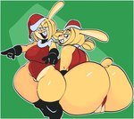 anthro big_breasts big_butt blonde_hair bottom_heavy breasts butt christmas_clothing christmas_headwear clothing female genitals gesture gloves hair half-closed_eyes hand_gesture handwear hat headgear headwear holidays huge_butt legwear leotard looking_at_viewer looking_back looking_back_at_viewer narrowed_eyes pointing presenting pussy pussy_floss santa_hat short_stack smile solo thick_thighs thigh_highs wide_hips yellow_body chubbybunns mooncheese christmas juno_(chubbybunns) lagomorph leporid mammal rabbit 2021 hi_res