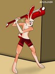 3:4 anthro bottomwear brown_body brown_hair clothing fur hair hi_res lagomorph leporid male mammal musical_instrument rabbit red_eyes scut_tail short_tail shorts solo tail vivzlover wall_(structure)