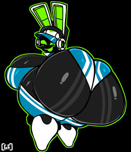 anthro big_breasts big_butt black_background black_body blue_clothing blue_hat blue_headwear blue_leotard blush breasts butt clothing electronics empty_eyes female footwear green_blush green_eyes green_inner_ear green_mouth green_outline hat headgear headphones headset headwear huge_breasts huge_butt huge_thighs hyper hyper_breasts hyper_butt leotard looking_at_viewer looking_back looking_back_at_viewer machine open_mouth open_smile outline rear_view shoes simple_background smile smiling_at_viewer solo thick_thighs tight_clothing white_clothing white_ears white_footwear white_headset white_shoes ghostfuckrr project_turboblast tempo_(project_turboblast) lagomorph leporid mammal rabbit robot robot_anthro 2026 absurd_res colored digital_media_(artwork) hi_res signature