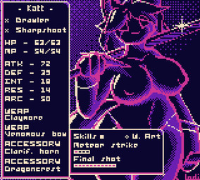 anthro big_breasts big_hands big_tail bow_(weapon) breasts dual_wielding female gameplay_mechanics glistening glistening_body greatsword hair hair_over_eyes holding_bow_(weapon) holding_melee_weapon holding_object holding_ranged_weapon holding_sword holding_weapon huge_breasts long_hair melee_weapon navel nipples nude nude_anthro nude_female ranged_weapon solo stat_display stats sword sword_over_shoulder tail text thick_thighs weapon weapon_over_shoulder conditional_dnp lodi_(artist) domestic_cat felid feline felis mammal robot_anthro digital_media_(artwork) english_text pixel_(artwork) restricted_palette signature