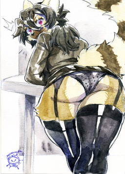 anthro arched_back bent_over big_butt black_clothing black_jacket black_lingerie black_nose black_panties black_topwear black_underwear bottomwear brown_body brown_fur brown_hair brown_tail butt butt_focus clothed clothing embarrassed embarrassing_exposure female fur furniture hair jacket leggings legwear lingerie lingerie_panties looking_at_viewer looking_back multicolored_body multicolored_fur panties pattern_bottomwear pattern_clothing pattern_panties pattern_underwear raised_bottomwear raised_clothing raised_skirt rear_view skirt solo spots spotted_bottomwear spotted_clothing spotted_panties spotted_underwear stockings suit_jacket surprised table tail tan_body tan_fur tan_tail thick_thighs topwear underwear murazaki fifehezana_mafy lemur mammal primate ring-tailed_lemur strepsirrhine absurd_res hi_res