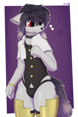 anthro cosplay femboy male solo wide_hips kymitto mythology pseudoregalia canid canid_demon canine canis demon hellhound mammal mythological_canine mythological_creature wolf absurd_res hi_res