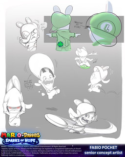 action_pose anthro bent_arm blush bouncing button_(fastener) closed_frown closed_smile clothed clothed_anthro clothed_male clothing copyright_symbol dialogue dust_cloud embarrassed exclamation_point frisbee frown fully_clothed fully_clothed_anthro fully_clothed_male fur furrowed_eyebrows gradient_background green_clothing green_hat green_headwear green_overalls green_shirt green_topwear grey_eyes hat hat_over_eye hat_over_eyes headgear headwear holding_clothing holding_frisbee holding_hat holding_headgear holding_headwear holding_object light long_ears male male_anthro midair mitten_hands motion_lines mouth_closed noseless open_frown open_mouth open_smile overalls patch_(fabric) pose question_mark rear_view riding_frisbee shirt shirtless_anthro shirtless_male side_view sideways_hat simple_background smile solo speech_bubble standing symbol t-pose text throwing_frisbee throwing_object title tongue tongue_out topwear white_body white_clothing white_fur white_hat white_headwear white_tongue year fabio_pochet mario_bros mario_plus_rabbids_kingdom_battle mario_plus_rabbids_sparks_of_hope nintendo raving_rabbids rayman_(series) ubisoft rabbid_luigi lagomorph mammal rabbid 2022 4:5 absurd_res artist_name colored concept_art crossover digital_drawing_(artwork) digital_media_(artwork) english_description english_text hi_res lighting multiple_images official_art shaded