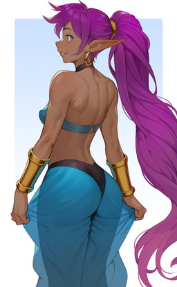 armlet bangs belly_dancer belly_dancer_outfit big_butt black_choker black_jewelry black_necklace blue_background blue_bra blue_clothing blue_eyes blue_outfit blue_underwear bra breasts brown_body brown_skin butt cheeky_panties choker clothing clothing_pull ear_piercing ear_ring female gold_(metal) gold_armlet gold_jewelry hair harem_outfit humanoid_pointy_ears inviting jewelry legs_together long_hair looking_at_viewer looking_back looking_back_at_viewer midriff necklace not_furry o-ring panties piercing pointy_ears ponytail presenting presenting_hindquarters purple_hair rear_view ring_piercing simple_background slim smile solo standing strapless_bra strapless_clothing strapless_underwear teeth translucent translucent_clothing underwear white_background white_sclera cheshirrr shantae_(series) wayforward shantae genie humanoid 2025 digital_drawing_(artwork) digital_media_(artwork) hi_res