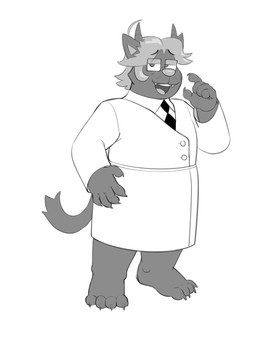 accessory anthro clothing coat eyewear glasses hair horn lab_coat looking_at_viewer male necktie open_mouth slightly_chubby smile solo topwear animalboyfriend doc_(animalboyfriend) domestic_cat felid feline felis mammal 2026 absurd_res hi_res monochrome
