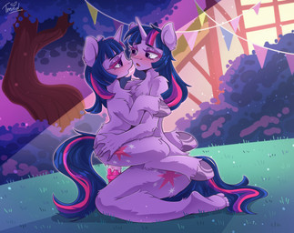 anthro anthro_on_feral bestiality blush bodily_fluids dildo duo feet female female/female feral fluffy genital_fluids hooves horn kissing making_out night saliva selfcest sex_toy square_crossover vaginal_fluids tim0nda friendship_is_magic hasbro my_little_pony mythology twilight_sparkle_(mlp) equid equine mammal mythological_creature mythological_equine unicorn hi_res
