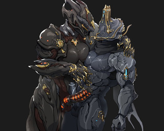 abs anthro balls barazoku black_penis caressing duo erection fondling foreskin genitals glans glowing glowing_genitalia glowing_penis hand_on_belly knot knotted_penis machine male male/male muscular muscular_male not_furry pecs penis scarf shoulder_grab simple_background lotusshim554 digital_extremes tencent warframe chroma_(warframe) chroma_prime excalibur_umbra_(warframe) biomechanical humanoid robot warframe_(species) distracting_watermark watermark