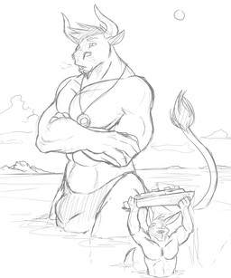 anthro balls_outline bulge clothed clothing crossed_arms detailed_bulge duo genital_outline hair head_tuft holding_ship horn jewelry macro male male_anthro muscular muscular_anthro muscular_male narrowed_eyes necklace open_mouth outside partially_submerged sheath_outline short_hair standing tail tail_tuft topless tuft solaxe_(artist) solaxe bovid bovine cattle kangaroo macropod mammal marsupial monochrome sketch