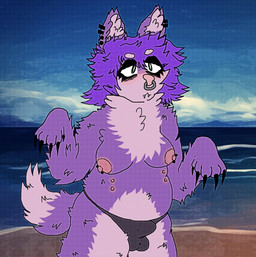 6_nipples anthro areola ball_bulge barbell_piercing beach biped black_claws black_clothing black_panties black_underwear blush bulge cheek_tuft chest_tuft claws clothed clothing detailed_bulge ear_piercing ear_ring eyelashes eyeliner eyeshadow facial_piercing facial_tuft fangs fluffy fluffy_fur fluffy_hair fluffy_tail front_view fur gynomorph hair inner_ear_fluff intersex long_eyelashes makeup medium_hair multi_nipple nipple_piercing nipples nose_piercing outside panties panties_only piercing pink_areola pink_body pink_fur pink_nipples pink_nose purple_body purple_fur purple_hair raised_arms ring_piercing sand sea septum_piercing sky slightly_chubby solo standing tail teeth thick_thighs topless tuft underwear underwear_only water galaxymoth canid canine canis domestic_dog mammal hi_res