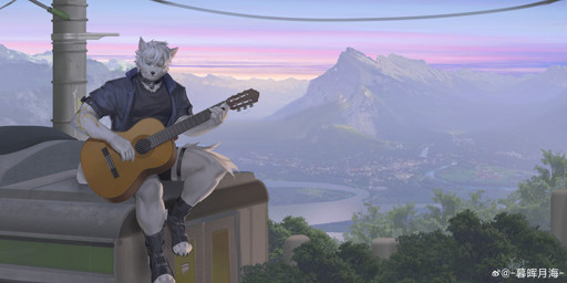 acoustic_guitar anthro arm_tuft black_clothing black_collar black_nose black_topwear blue_clothing blue_eyes blue_jacket blue_sky blue_topwear cheek_tuft clothed clothing collar elbow_tuft facial_tuft front_view fur guitar heterochromia holding_guitar holding_musical_instrument holding_object jacket male male_anthro mountain mouth_closed multicolored_sky muscular muscular_anthro muscular_male musical_instrument open_clothing open_jacket open_topwear orange_sky outside playing_guitar playing_music plucked_string_instrument purple_sky sitting sky solo string_instrument topwear tuft white_body white_fur yellow_eyes yellow_sky awaldkize canid canine mammal absurd_res hi_res