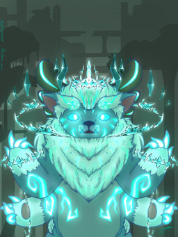 4_arms 4_fingers anthro antlers black_nose blue_body blue_fur blue_sclera claws crown detailed_background eyebrows finger_claws fingers fur fur_markings glowing glowing_eyes glowing_markings headgear horn looking_at_viewer male mane markings multi_arm multi_limb no_pupils open_mouth pawpads pink_inner_ear pink_pawpads solo spread_arms text thick_eyebrows tusks white_body white_eyebrows white_eyes white_fur demi_owo league_of_legends riot_games tencent willump_(lol) yeti 2023 artist_name digital_drawing_(artwork) digital_media_(artwork) hi_res portrait three-quarter_portrait