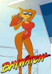 anthro big_breasts breasts clothing curvy_figure eyewear female lifeguard one-piece_swimsuit parody rescue_buoy solo sunglasses swimwear text text_on_clothing text_on_swimwear chochi patrol_03 pamela_bondani domestic_cat felid feline felis mammal english_text