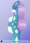 anthro areola blush breasts female hair looking_at_viewer nipples nude pink_areola pink_nipples pokemorph pregnant pregnant_anthro pregnant_female simple_background smile solo commandg nintendo pokemon generation_2_pokemon legendary_pokemon pokemon_(species) suicune