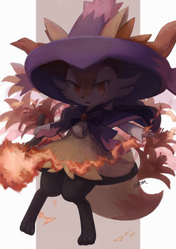 3_fingers 3_toes :3 ambiguous_anthro ambiguous_gender anthro biped black_body black_fur cape clothing cosplay digitigrade dipstick_tail elemental_manipulation emoji_description feet fingers fire fire_manipulation flat_chested flower front_view fur hat headgear headwear holding_object holding_stick inner_ear_fluff looking_at_viewer markings mostly_nude_ambiguous mostly_nude_anthro multicolored_body multicolored_fur on_one_leg open_:3 open_mouth open_smile orange_body orange_eyes orange_fur orange_inner_ear_fluff orange_nose orange_tail_tip plant pointy_ears prick_ears purple_cape purple_clothing purple_hat purple_headwear simple_background smile solo standing stick tail tail_markings toes tuft two_tone_tail white_bars white_body white_fur yellow_body yellow_fur yellow_tail ikei nintendo pokemon braixen canid generation_4_pokemon generation_6_pokemon mammal mismagius pokemon_(species) 2021 colored digital_media_(artwork) digital_painting_(artwork) full-length_portrait hi_res painting_(artwork) portrait shaded signature