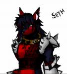 anthro armor black_nose blue_body blue_fur blue_hair collar fur green_eyes hair male red_body red_fur simple_background solo spiked_collar spikes white_background kaivolate shinzuku_hearts canid canine mammal colored_sketch sketch