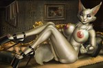 anthro big_breasts blue_eyes breasts clothing feet female footwear fur gold_(metal) high_heels huge_breasts legs_in_air nipple_dip nipple_piercing nipples pawpads piercing renaissance shoes solo welcoming white_body white_fur catpumpkin dolce_vita felid feline mammal absurd_res hi_res