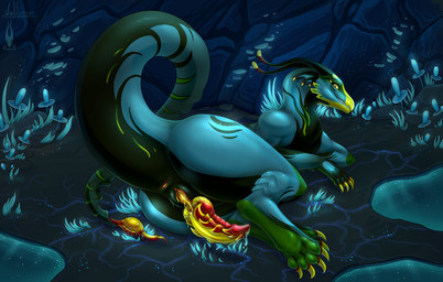 4_eyes 4_toes alien_genitalia alien_planet anus belly black_belly blue_body bodily_fluids butt claws countershade_feet countershading detailed_background digitigrade feet feral genital_fluids genitals glowing green_pawpads intersex maleherm mouth_closed multi_eye muscular muscular_intersex muscular_maleherm non-mammal_vulva pawpads paws penis precum presenting presenting_anus presenting_hindquarters presenting_vulva quadruped red_anus red_vulva solo tail toe_claws toes underwater vulva water yellow_anus yellow_claws yellow_penis yellow_vulva firael valdemar_fordragon mythology mythological_creature mythological_scalie scalie unknown_species absurd_res hi_res