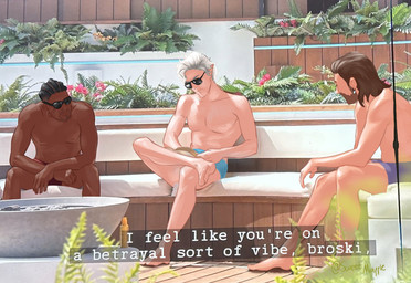 eyewear group hair humanoid_pointy_ears humor male muscular muscular_male not_furry pecs pointy_ears sunglasses swimming_pool text trio white_hair sweetmapple baldur's_gate baldur's_gate_3 bioware dungeons_and_dragons electronic_arts hasbro larian_studios wizards_of_the_coast astarion_(baldur's_gate) gale_(baldur's_gate) wyll_(baldur's_gate) elf human humanoid mammal vampire absurd_res english_text hi_res