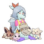 1:1 amber_(snoot_game) ambiguous_gender anthro canid cavemanon_studios clothed clothing colored crossover eevee feathered_wings feathers female feral generation_1_pokemon generation_2_pokemon generation_7_pokemon group igglybuff mammal mimikyu minabaudelair nintendo pokemon pokemon_(species) pterodactylus pterosaur reptile scalie simple_background sitting snoot_game togepi wings